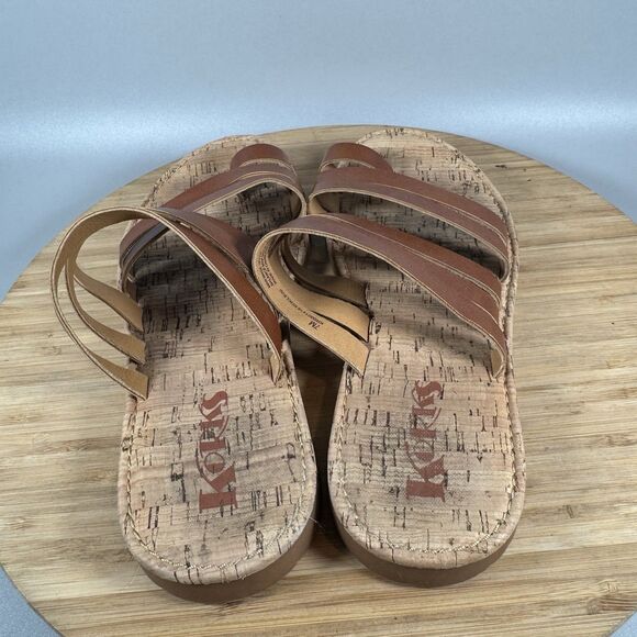 Korks Women's 7 M Shay Brown Faux Leather Strappy Toe Ring Flat‎ Cork Sandals - Picture 4 of 6